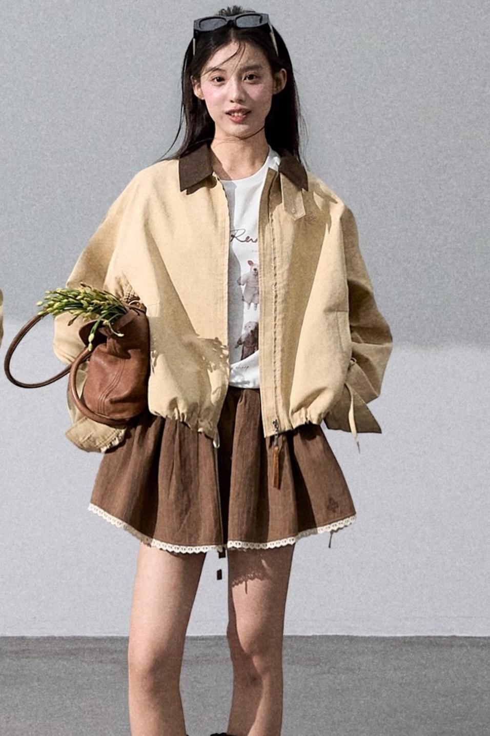 Vintage Contrast Cotton Linen Casual Short Jacket