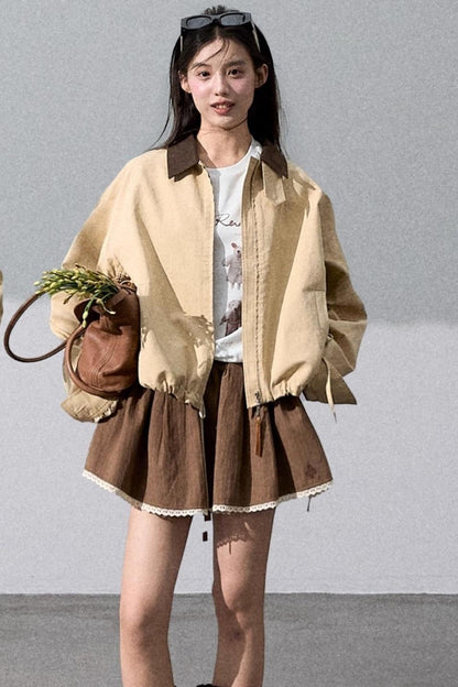 Vintage Contrast Cotton Linen Casual Short Jacket