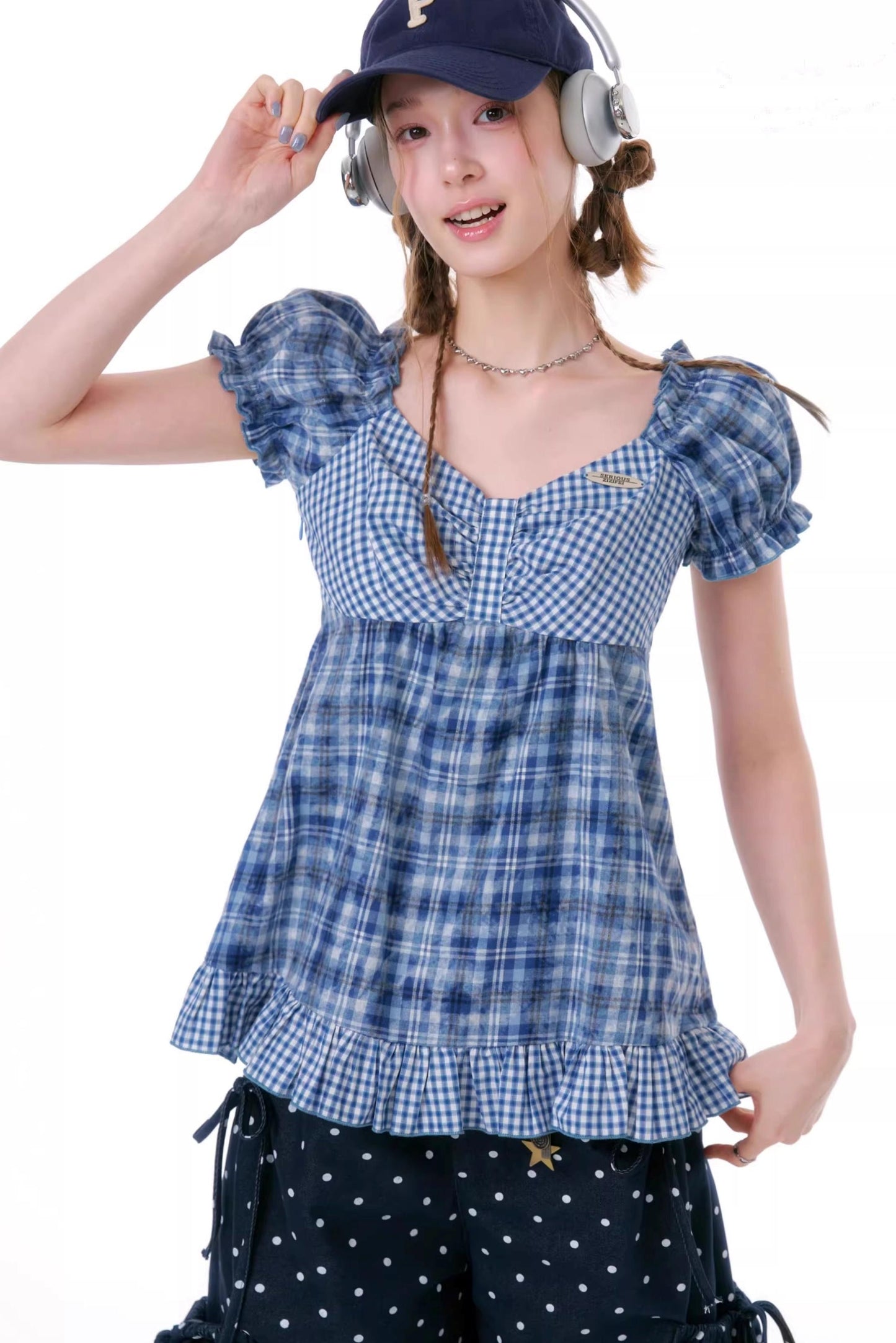 Checkered Plaid Puff Sleeve T-Shirt