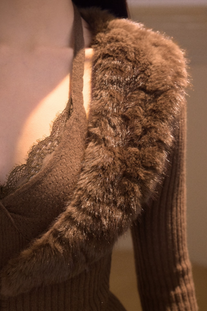 Vintage Fur Collar Knit Cardigan Set