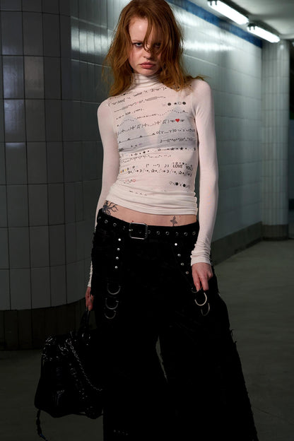 Wool Blend Striped Turtleneck Top