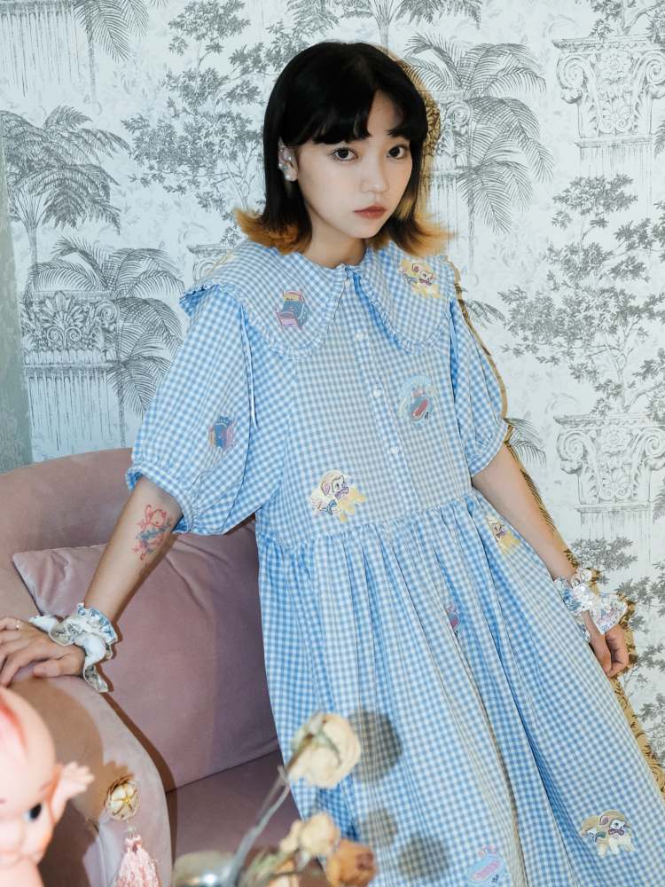 Sheep Embroidery Plaid Frill Dress