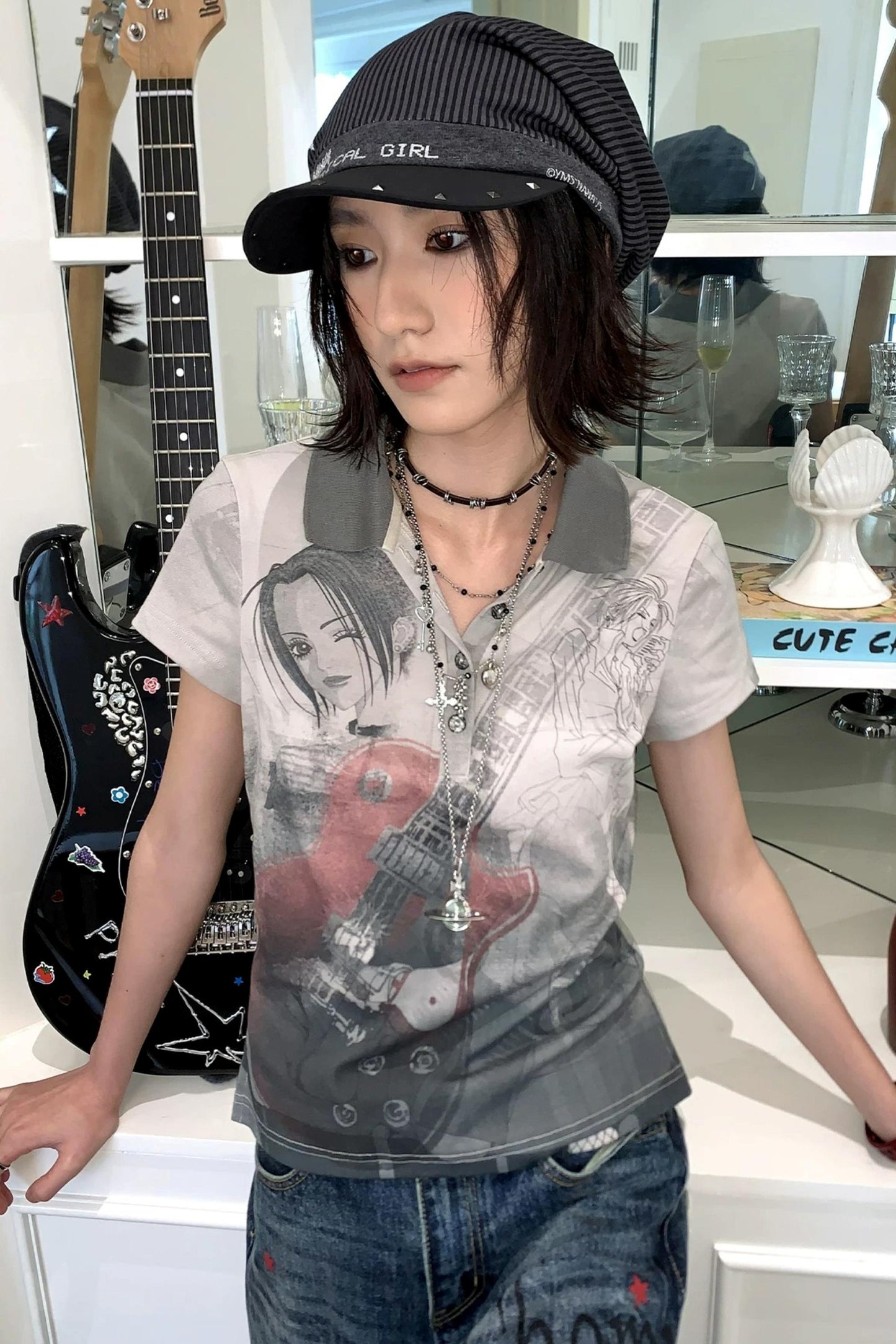 Distressed Portrait V-Neck Top