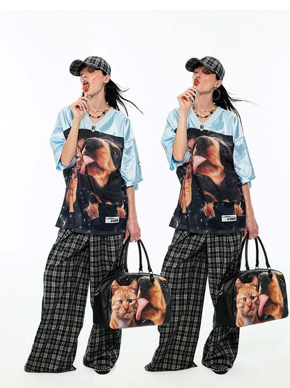 Dog & Cat Print Oversized V-Neck T-Shirt