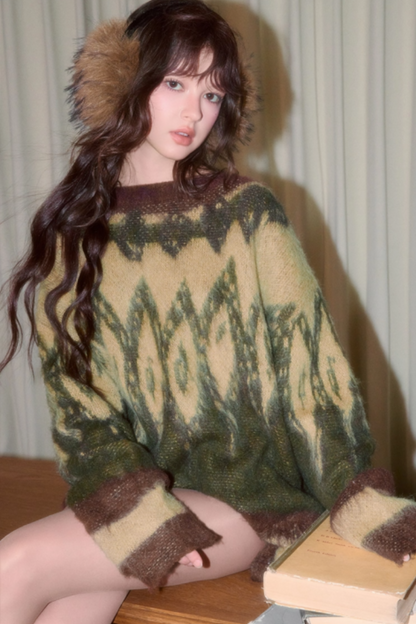 Retro Contrast Jacquard Loose Sweater