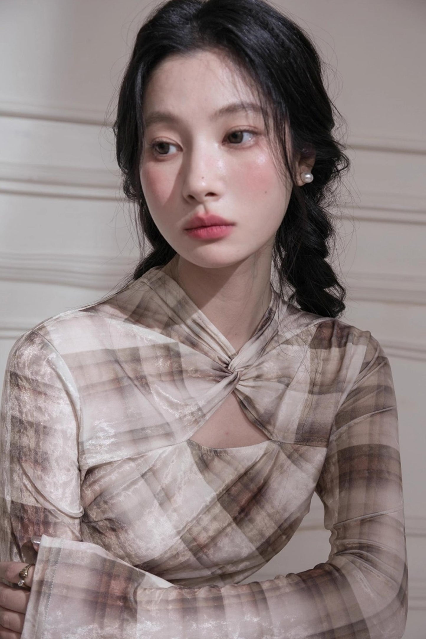 머서라이즈 벨벳 체크 긴소매 드레스