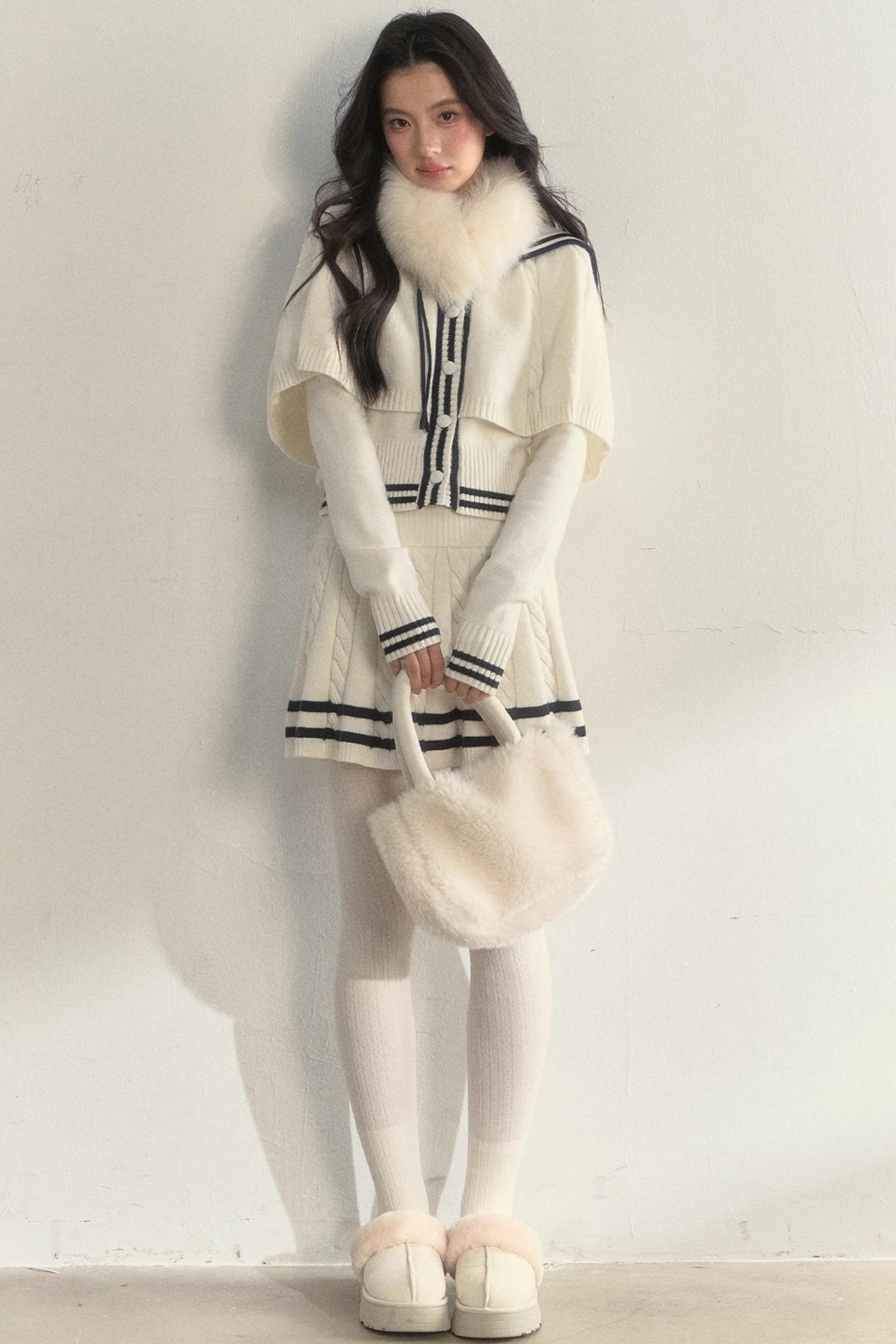 Vintage Navy Twist-Knit Cape Sweater Set-Up