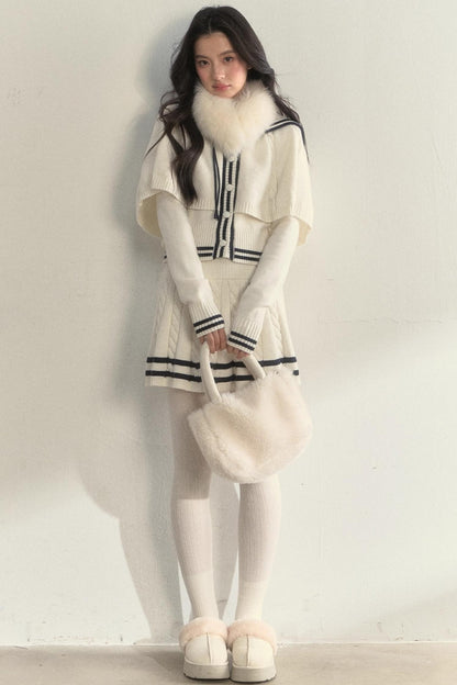 Vintage Navy Twist-Knit Cape Sweater Set-Up