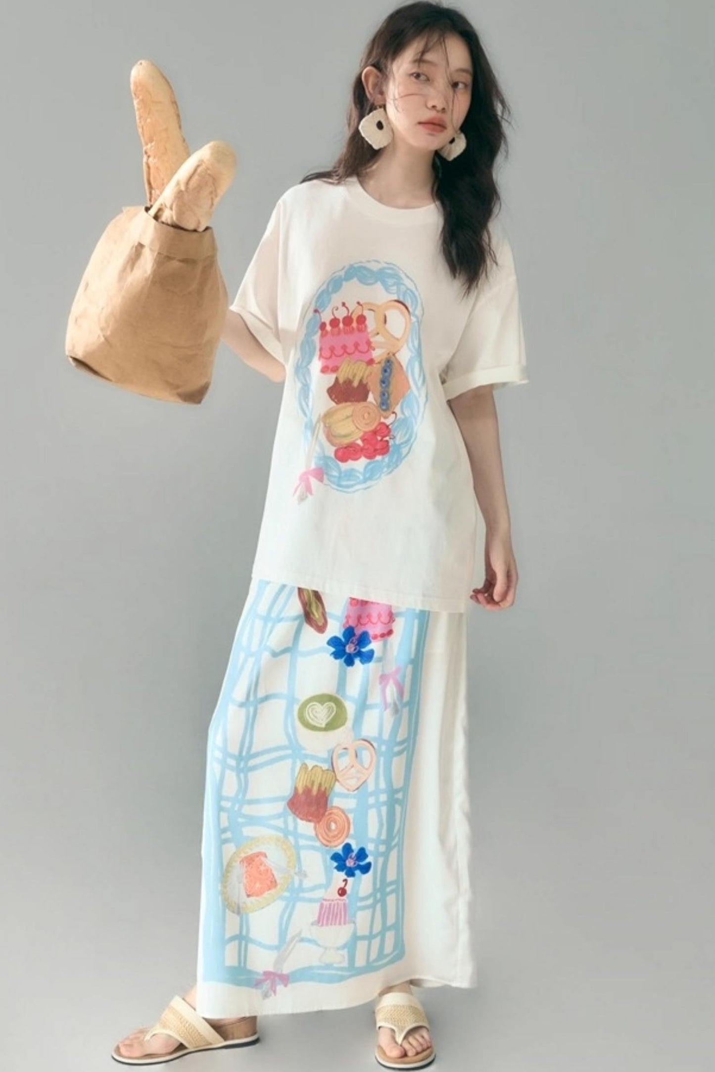 Bread Print Plaid Satin Slip Dress Set-Up