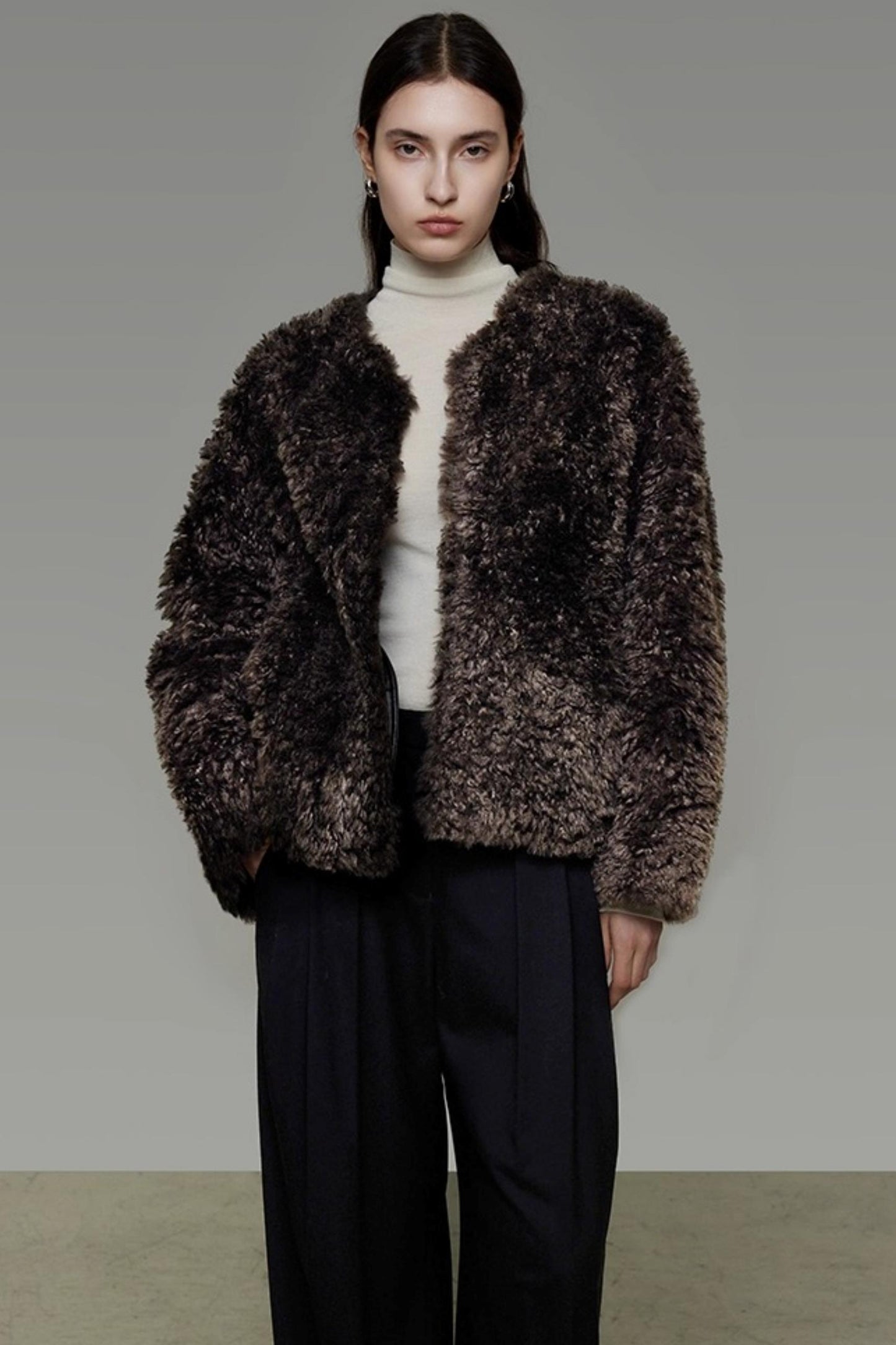 Collarless Lamb Wool Coat