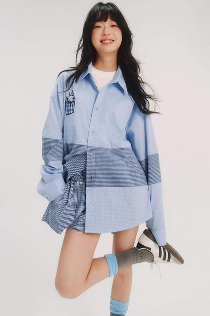 Blue Check Stitch Applique Shirt