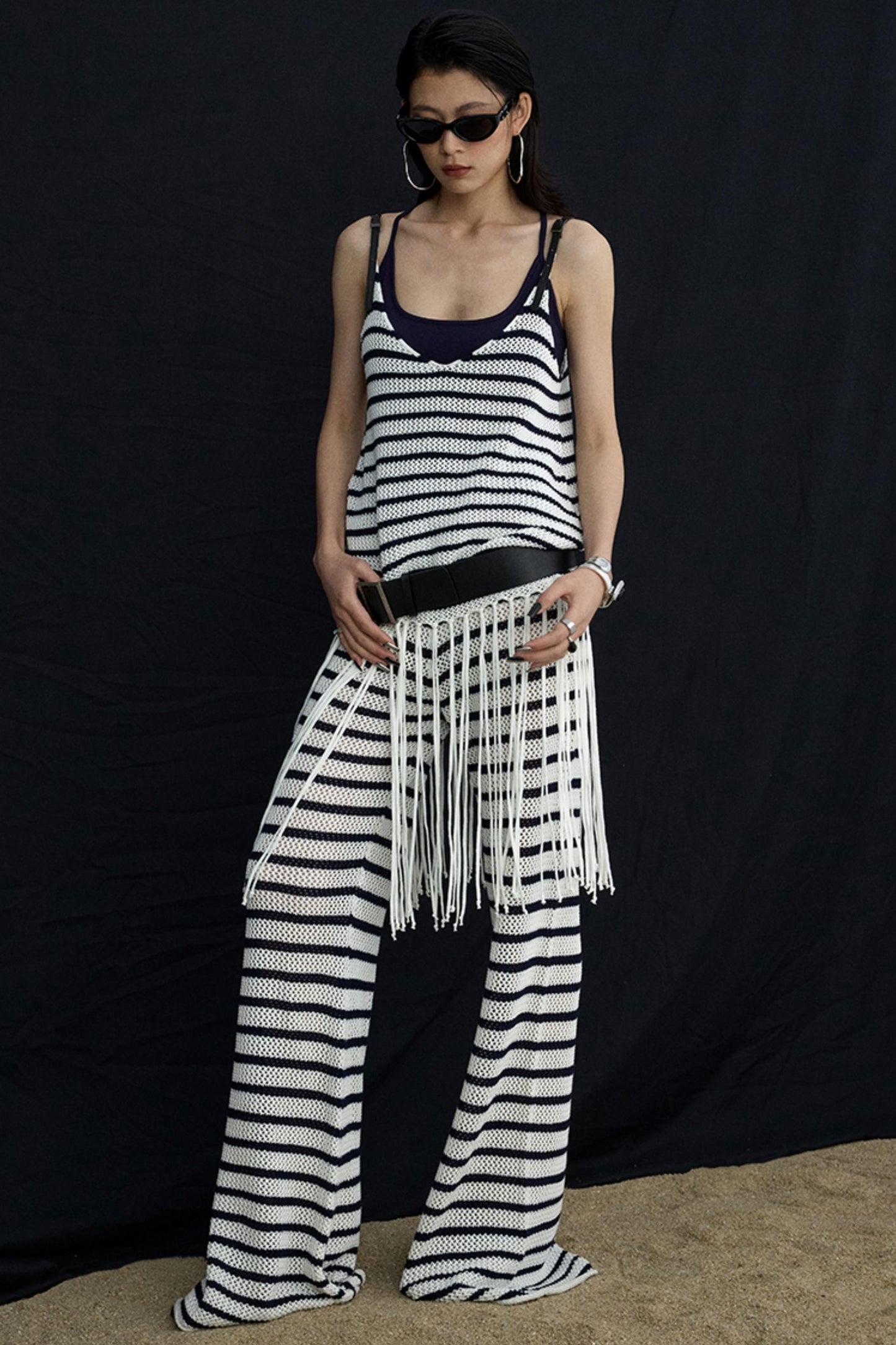 Summer Jacquard V-Neck Leather Hem Vest