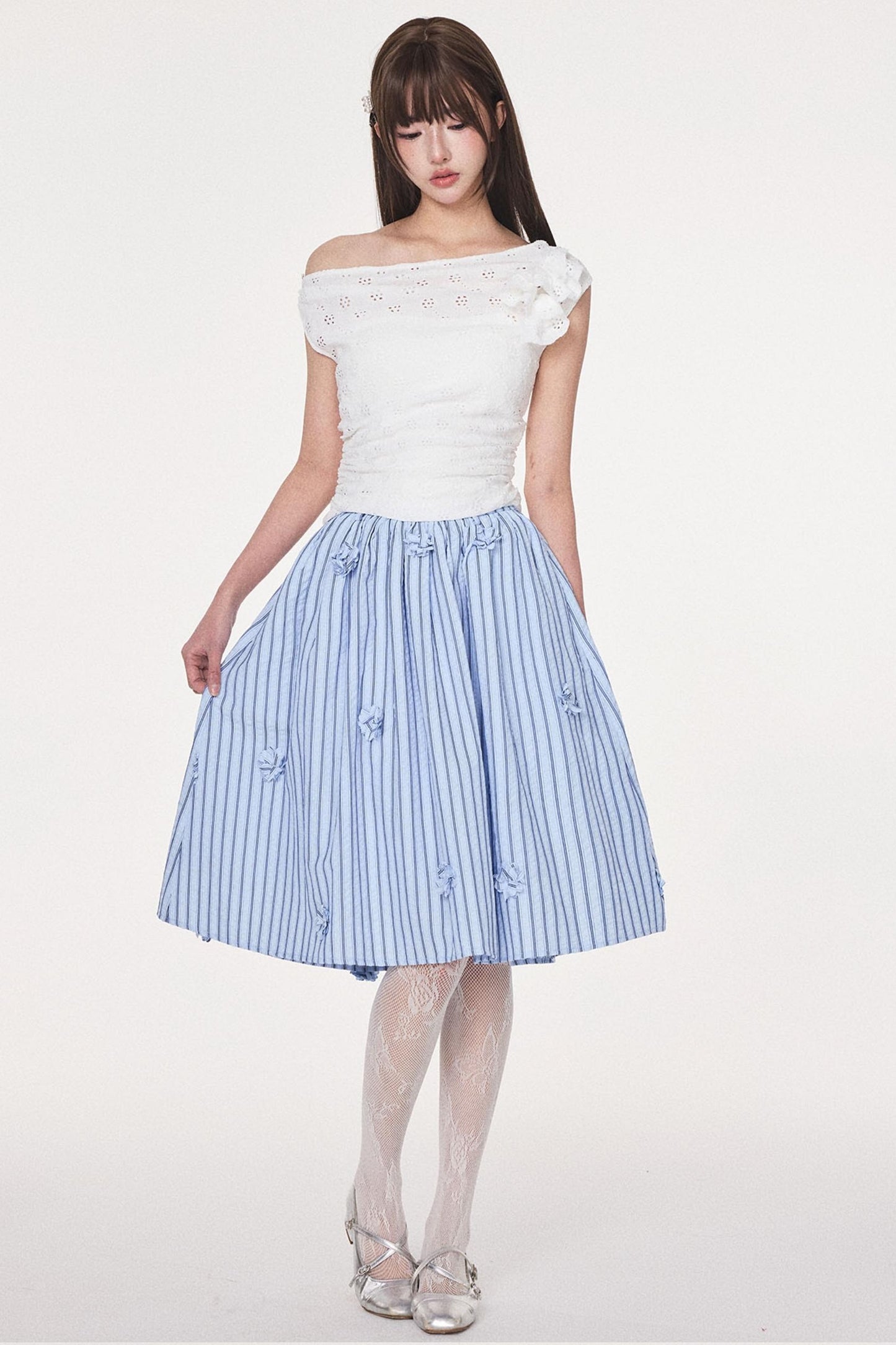 Blue Striped Flower Silhouette Skirt