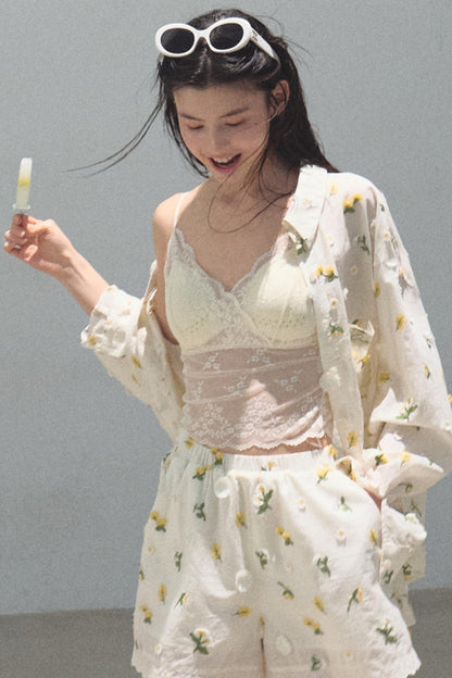 Zero Flowers Cotton Embroidered Casual Shirt Shorts Set-Up