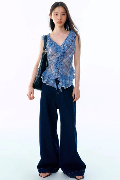 Plaid Ruffle V-Neck Top