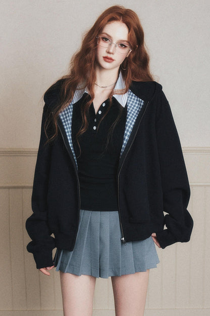 Navy Check Patchwork Hooded Coat