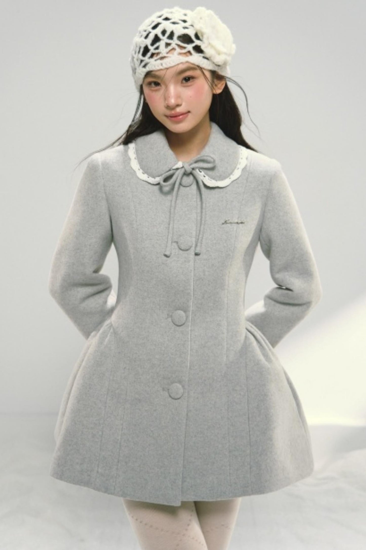 Light Gray Bow Woolen Coat
