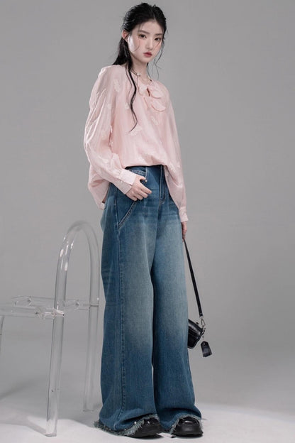 Deep Lake Blue Washed Wide-Leg Jeans