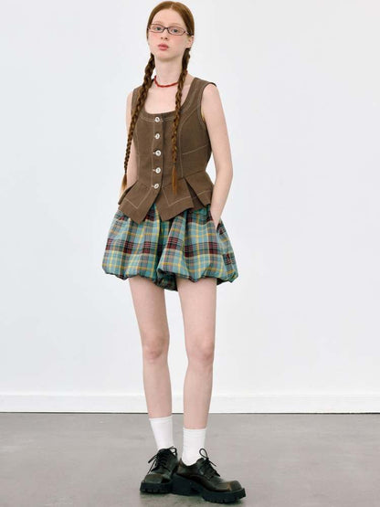 U-Neck Front Button Stitch Short Vest