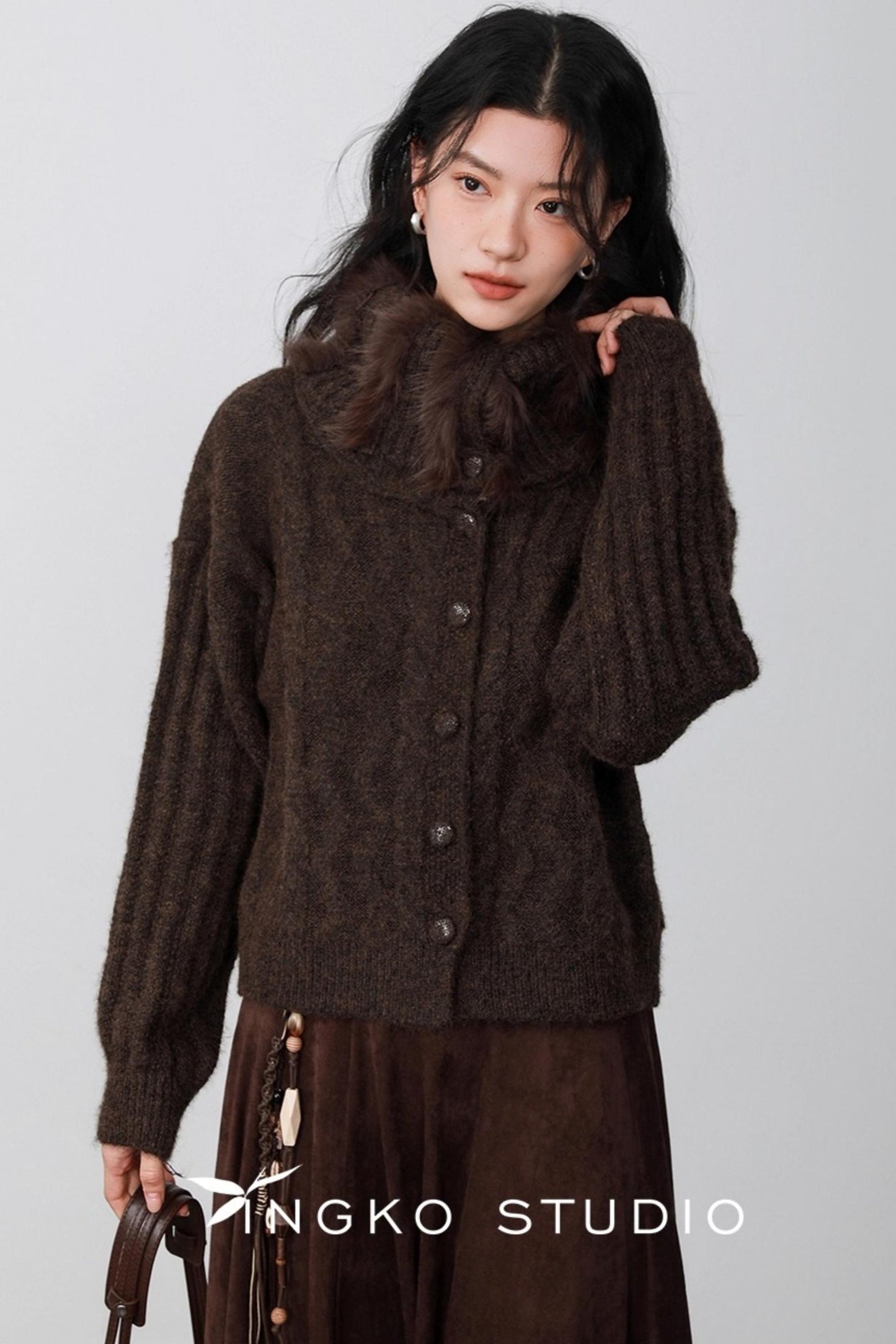 Caramel Brown Fur Collar Cardigan