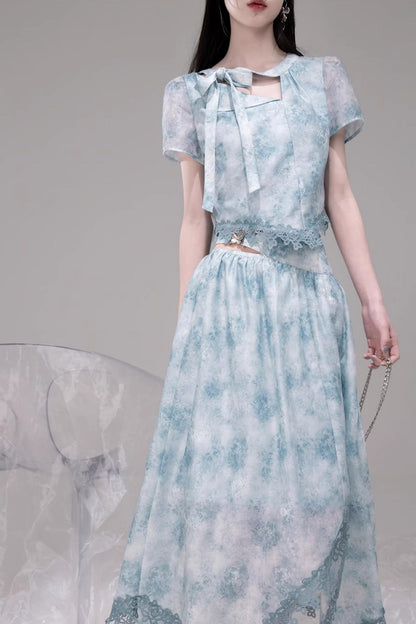 Blue Bow-Collar Shirt & Cutout Skirt Set