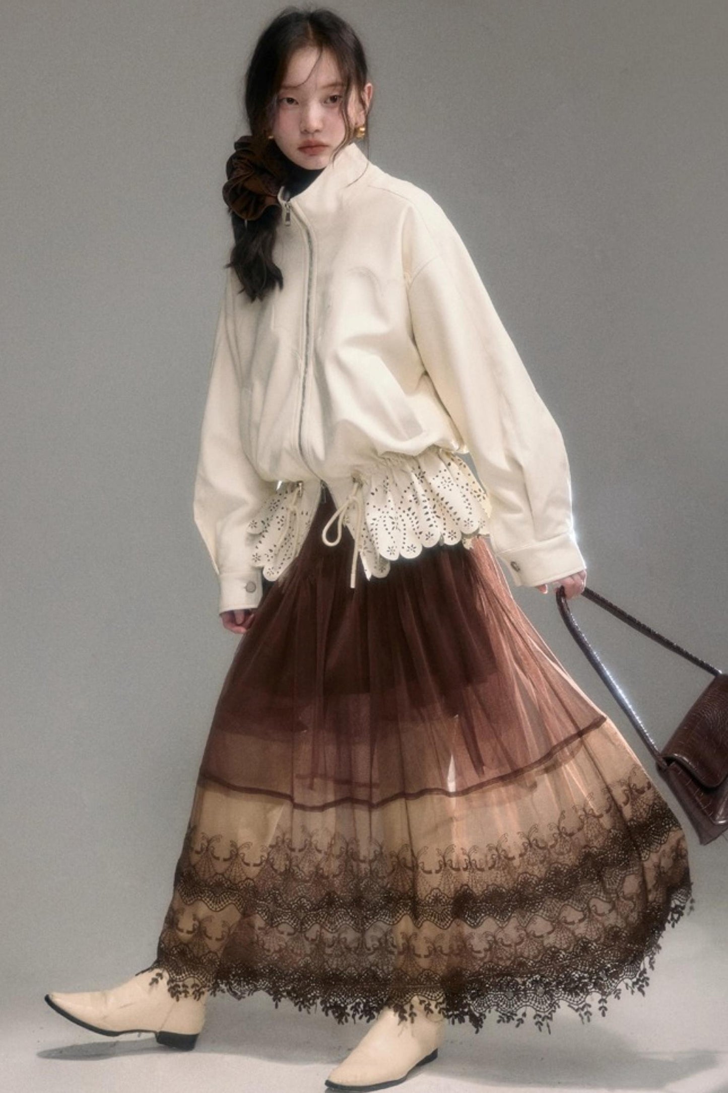 Hollow-Out Floral Leather Jacket