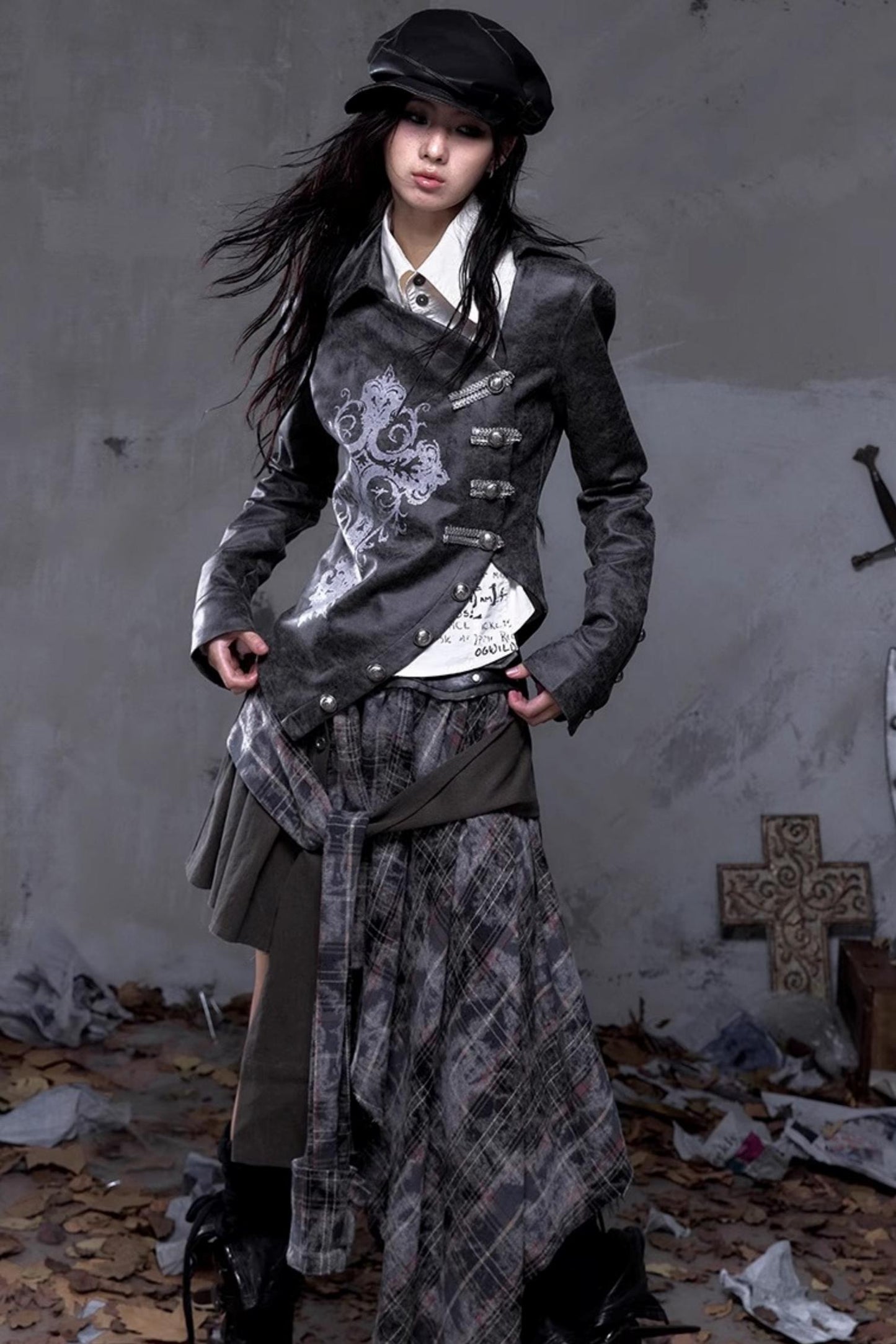 Vintage Slanted Placket Printed Leather Shirt