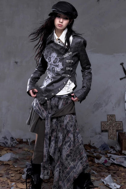 Vintage Slanted Placket Printed Leather Shirt