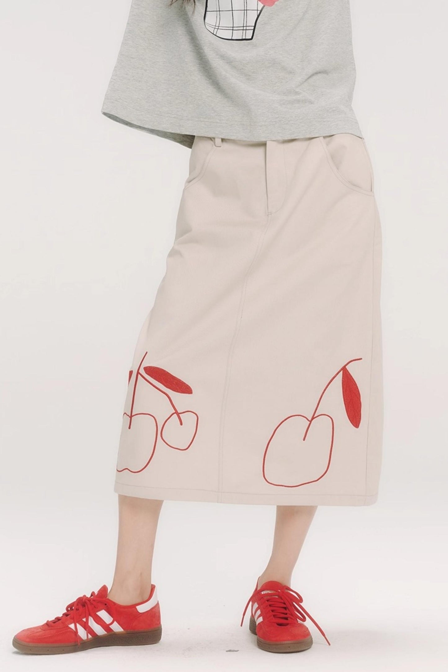 Red Cherry Embroidered Midi Skirt