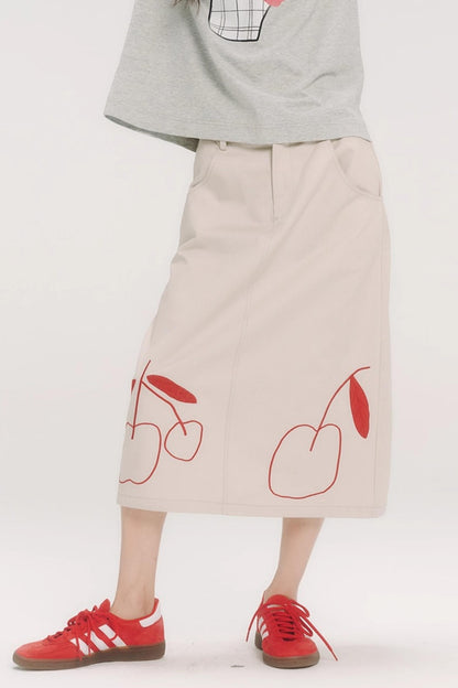 Red Cherry Embroidered Midi Skirt