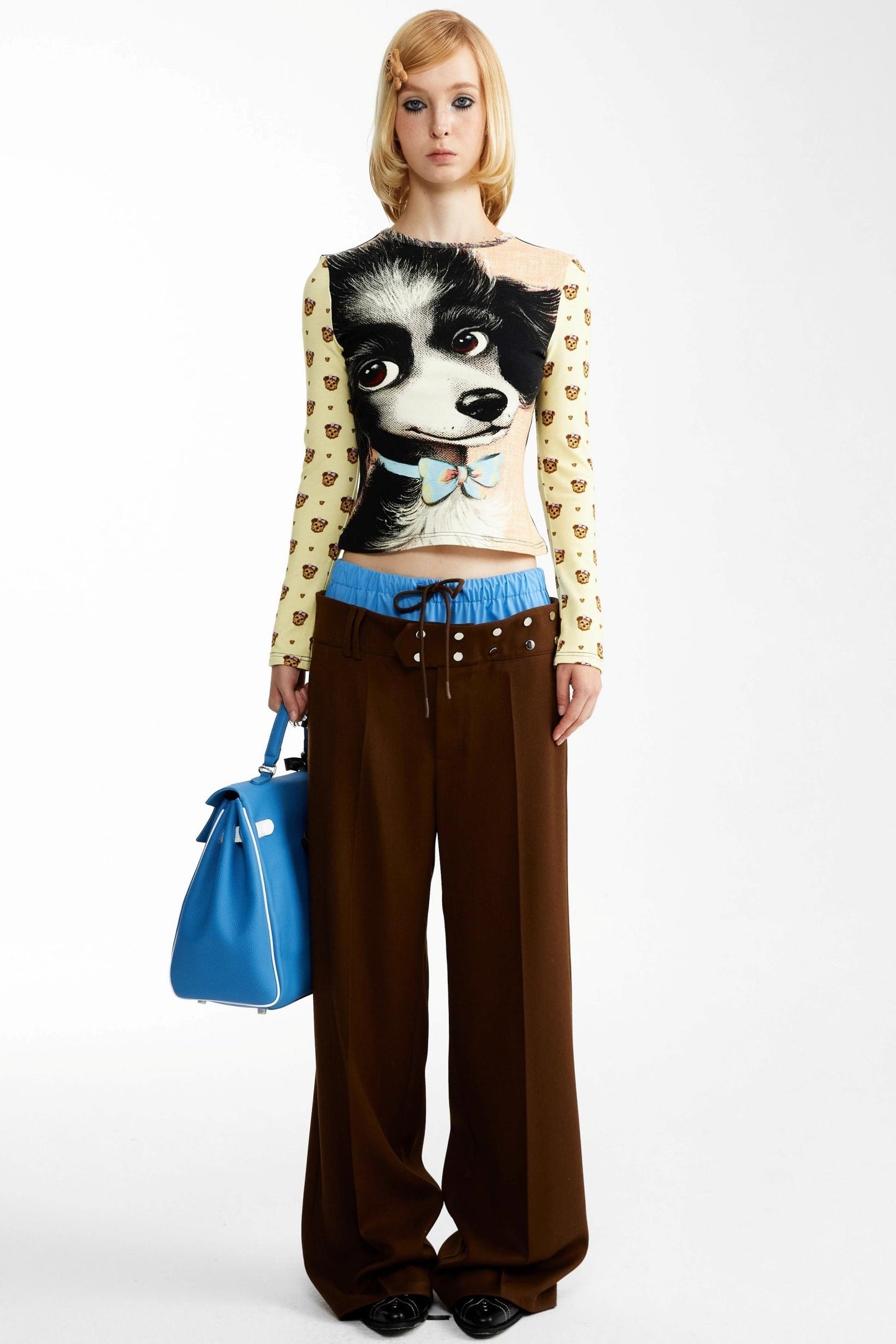 Blue and Brown Contrast Belt Decorative Pants