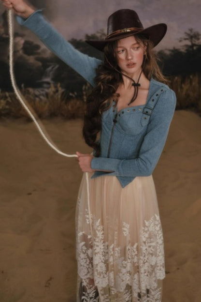 Denim Slim-Fit Jacket Skirt Set-Up