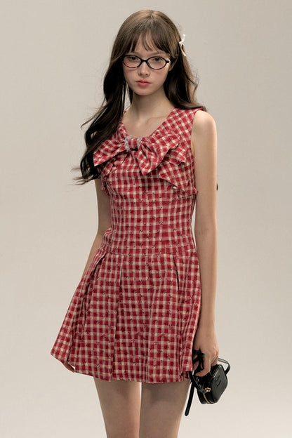 Red Check Floral Bow Vest Dress