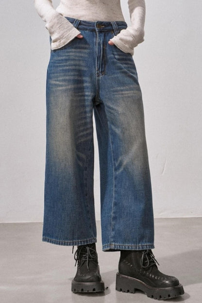 Retro Fleece-Lined Cropped Jeans