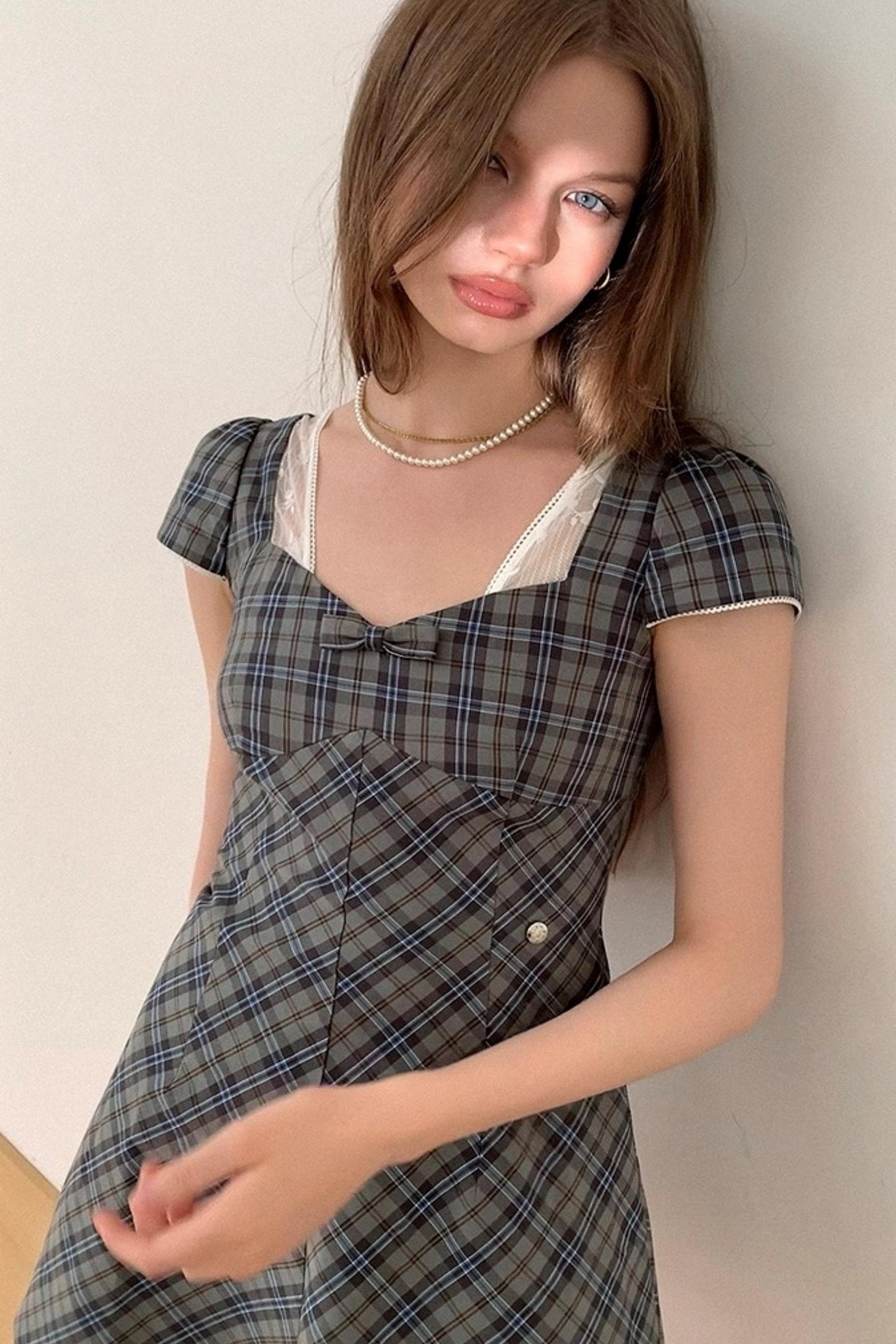 Plaid Lace Bow Short Sleeve Dress