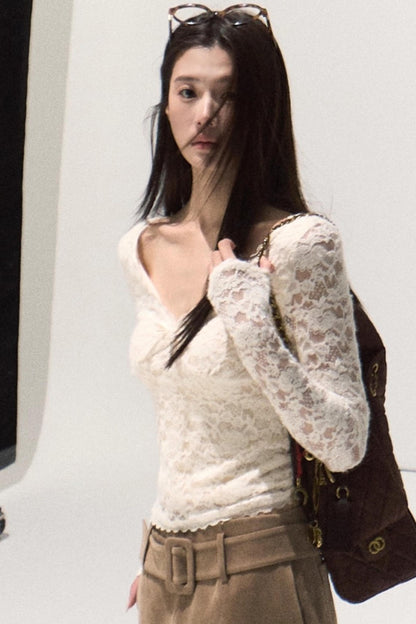 V-Neck Lace Knit Sweater