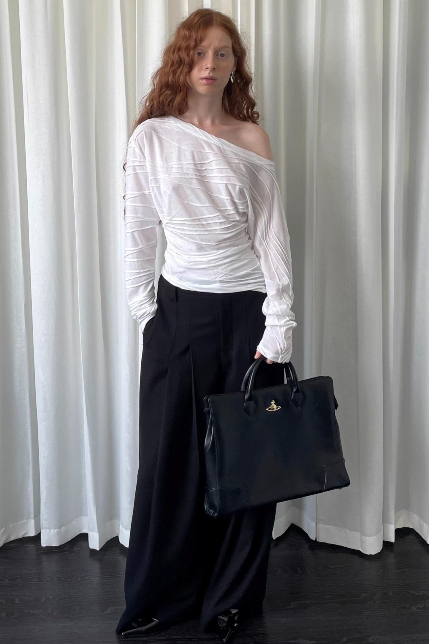 Pleated Slanted Shoulder Slimming Top