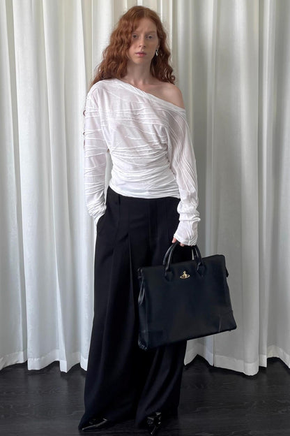 Pleated Slanted Shoulder Slimming Top