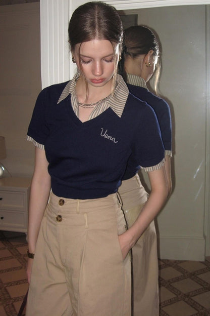 Embroidered Striped Collar Fake Two Piece T-Shirt