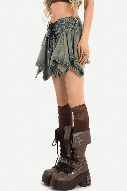 Retro Denim Pleated Skirt