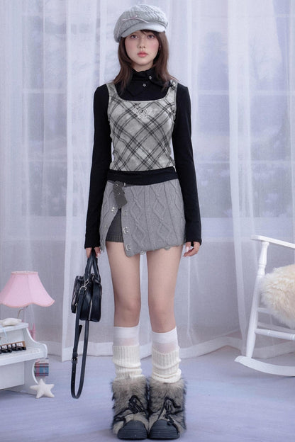 Gray Rhombus Knitted Skirt & Shorts Set