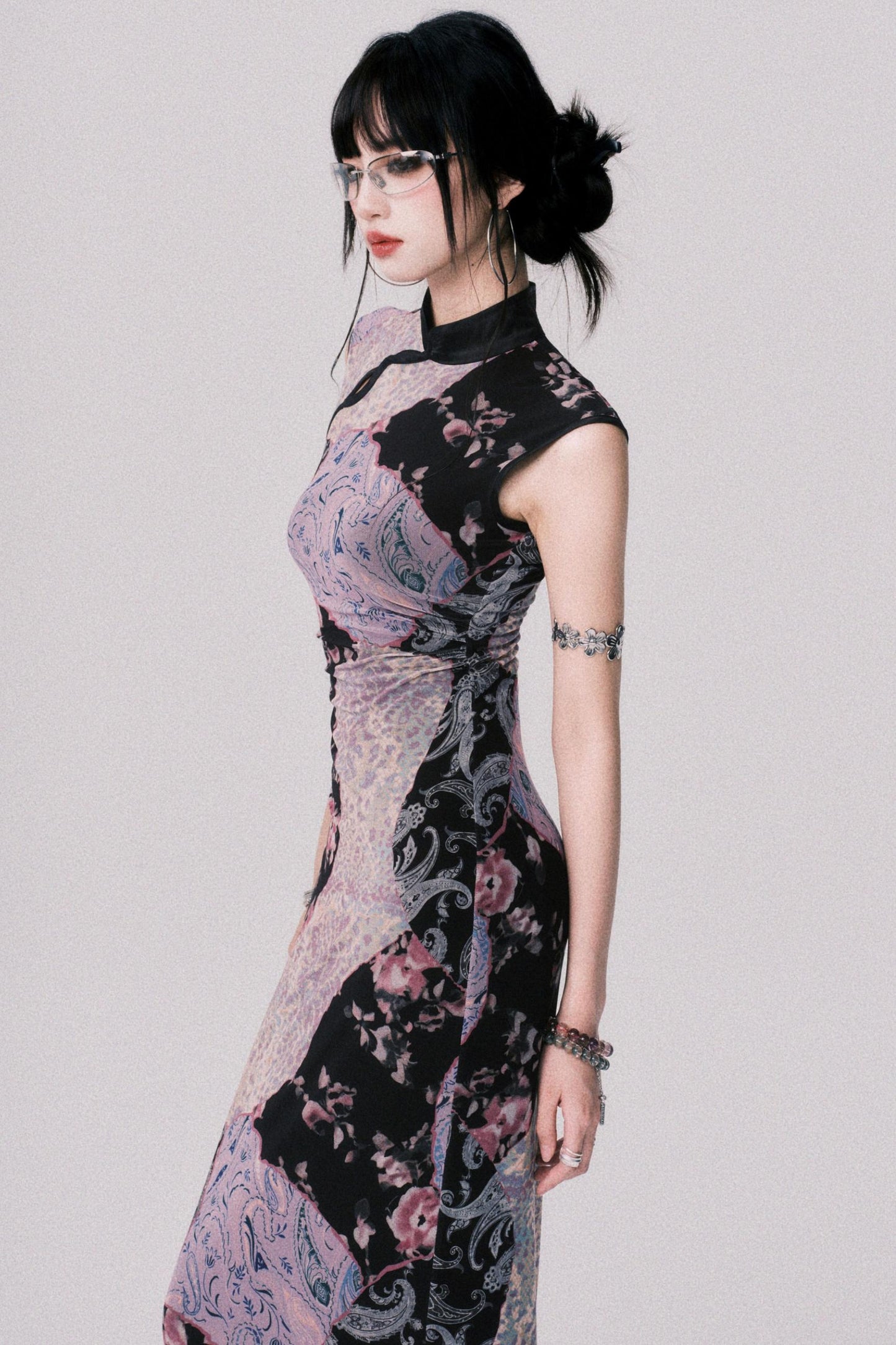 Smokey Purple Color-Blocked Cheongsam Dress