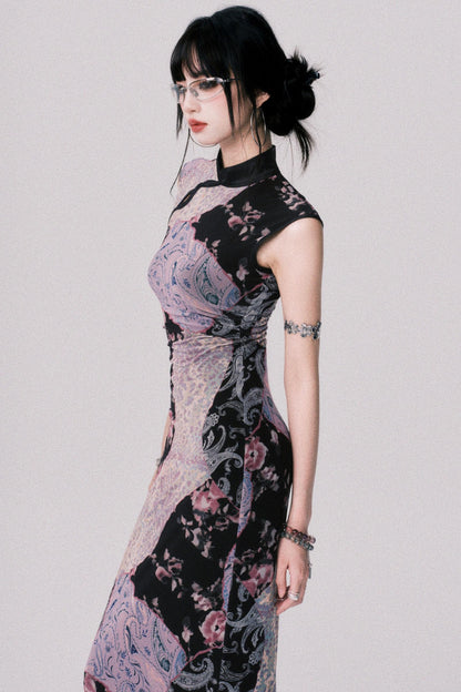 Smokey Purple Color-Blocked Cheongsam Dress