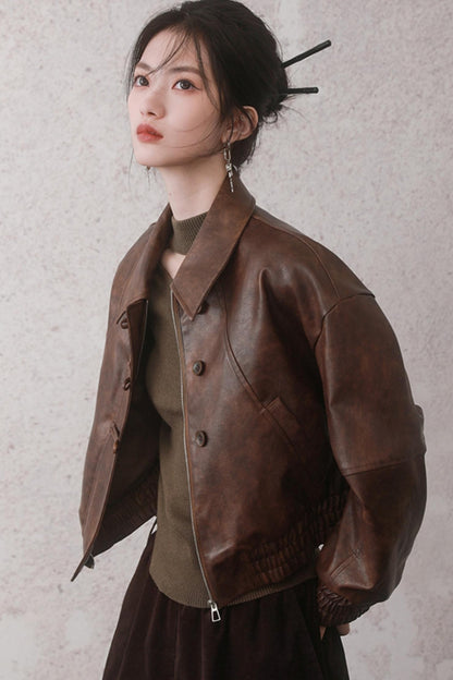 Cocoa Brown Retro Leather Jacket