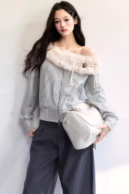 Mist Gray Off-Shoulder Fur Jacket