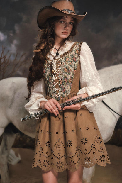 Vintage Country Print Suede Dress Set-Up