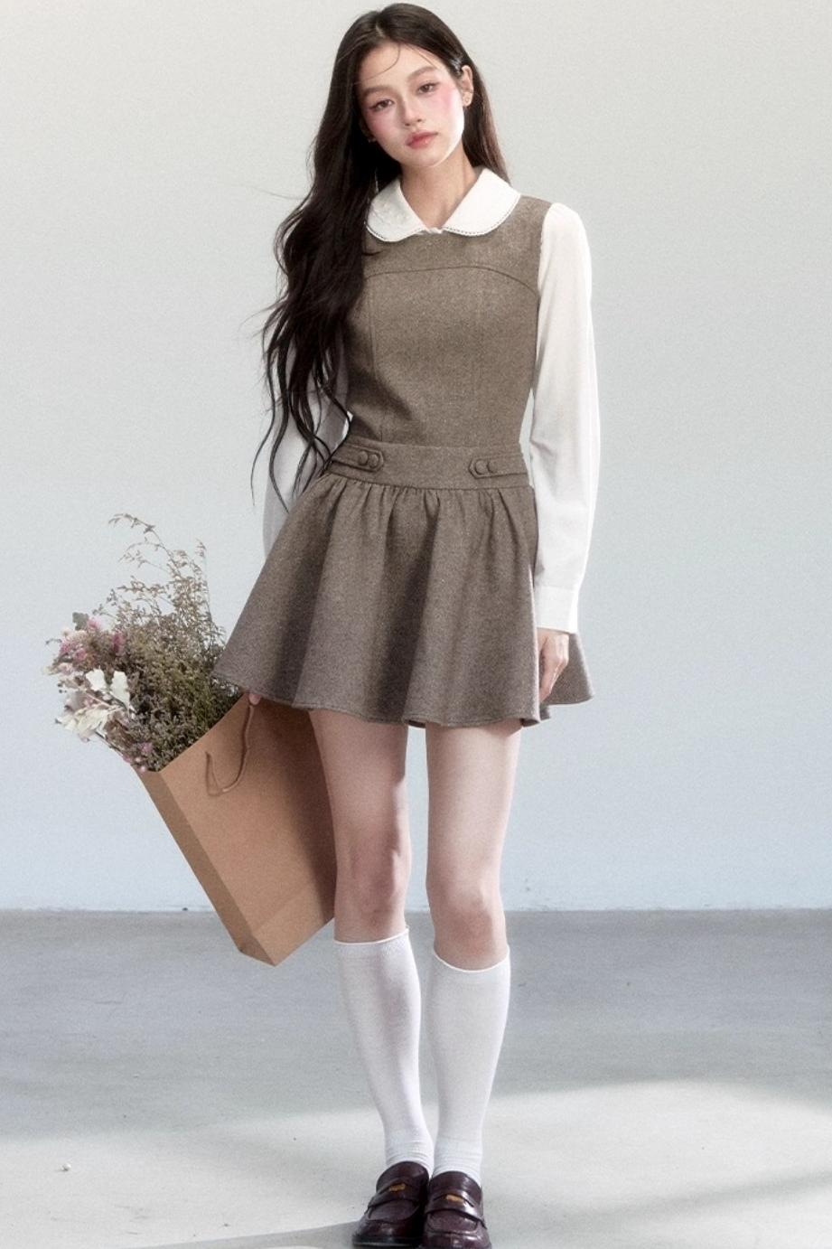 Doll Collar Shirt With Dress Set-Up