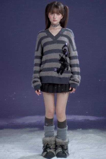 Striped Mink V-Neck Sweater