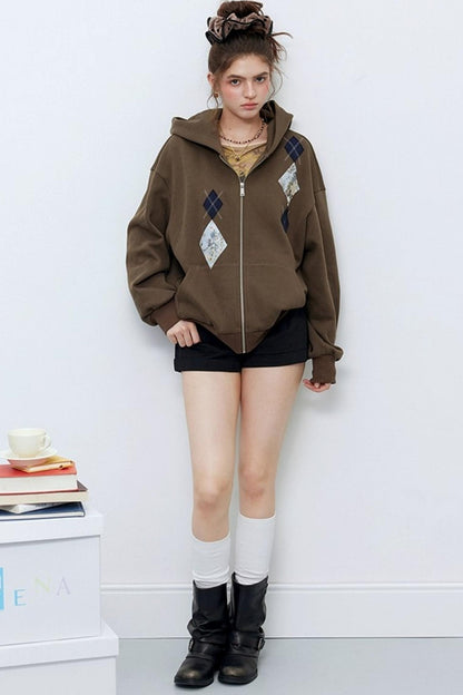 Diamond Check Hooded Cardigan