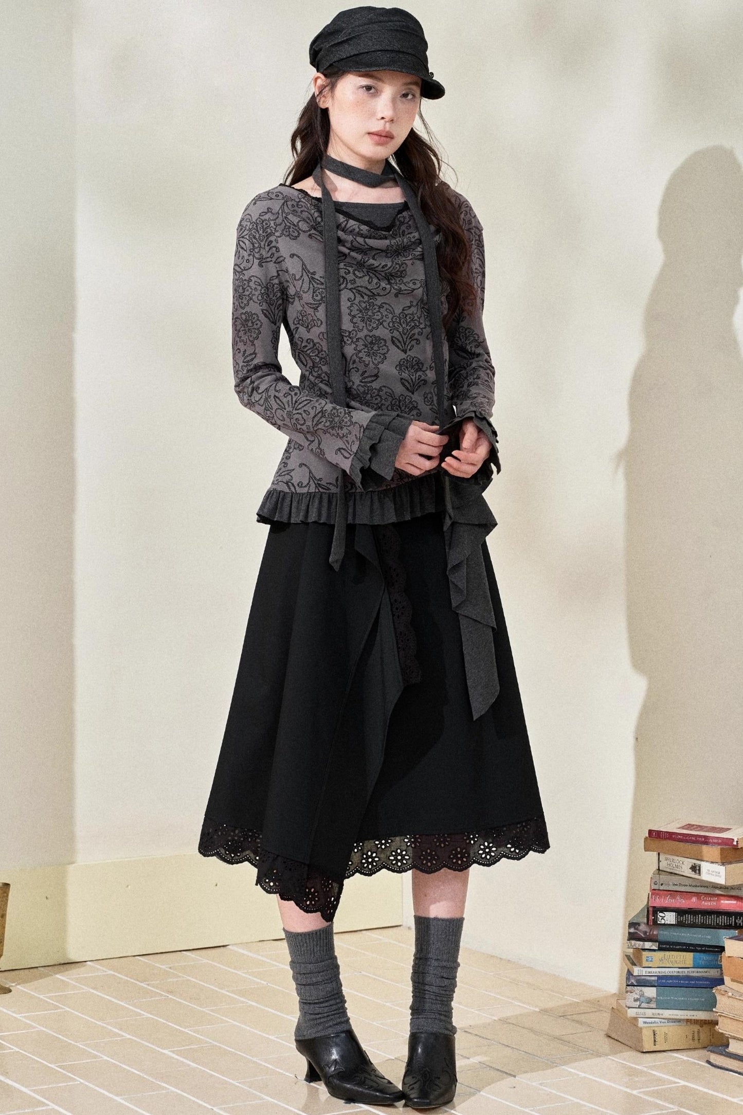 Swing Collar Ruffled Floral Lace Top